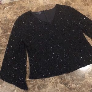 Vintage JKARA Black Beaded Bell Sleeve V-Neck Evening Formal Blouse Top size L